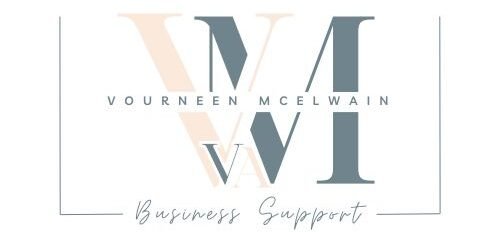 Logo with large VM letters in orange and green, the words Vourneen McElwain across the middle and the words Business Support at the bottom