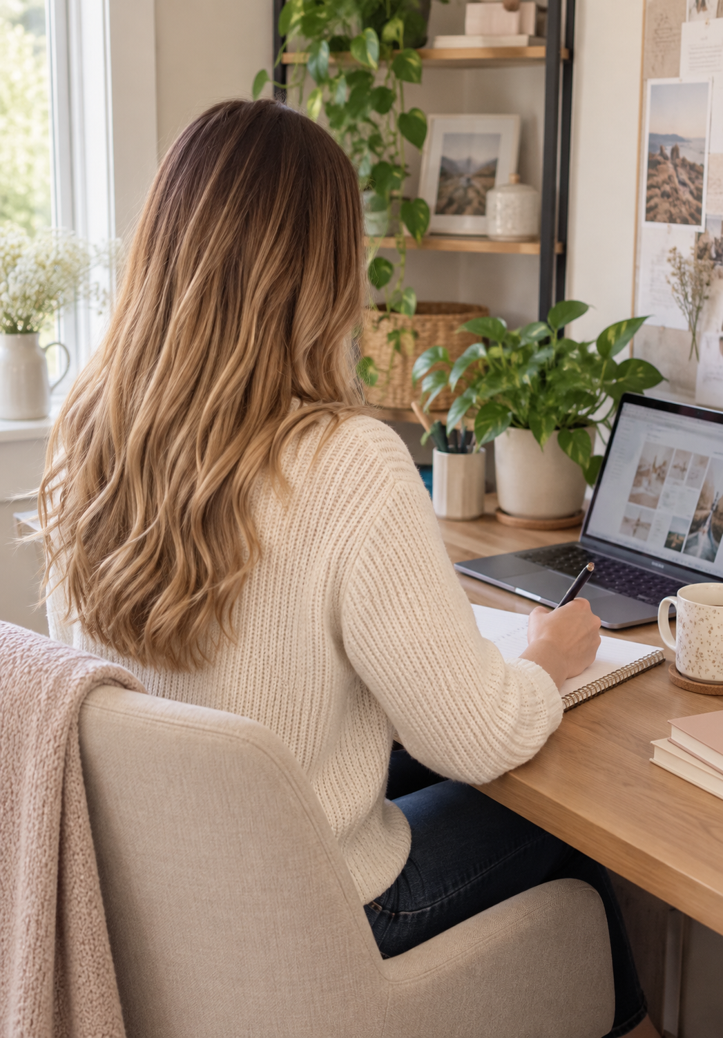 Woman working on a laptop at a bright, plant-filled home office desk